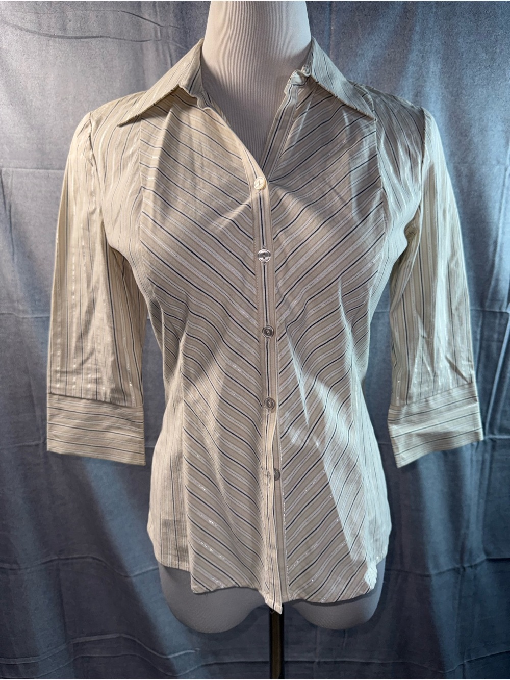 1761-Iz Byer Cream and Light Blue Striped Button-Down Shirt